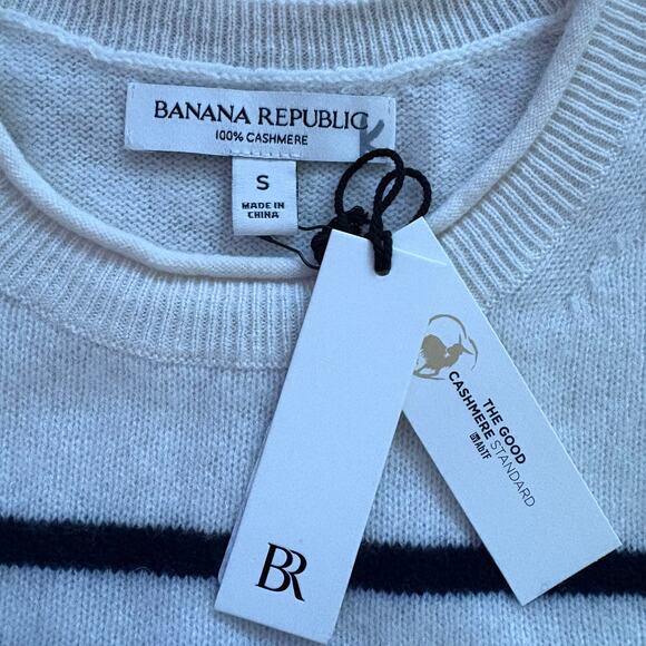 Banana Republic Lightweight Cashmere Short Sleeve Sweater White Navy Stripe S - Picture 2 of 7